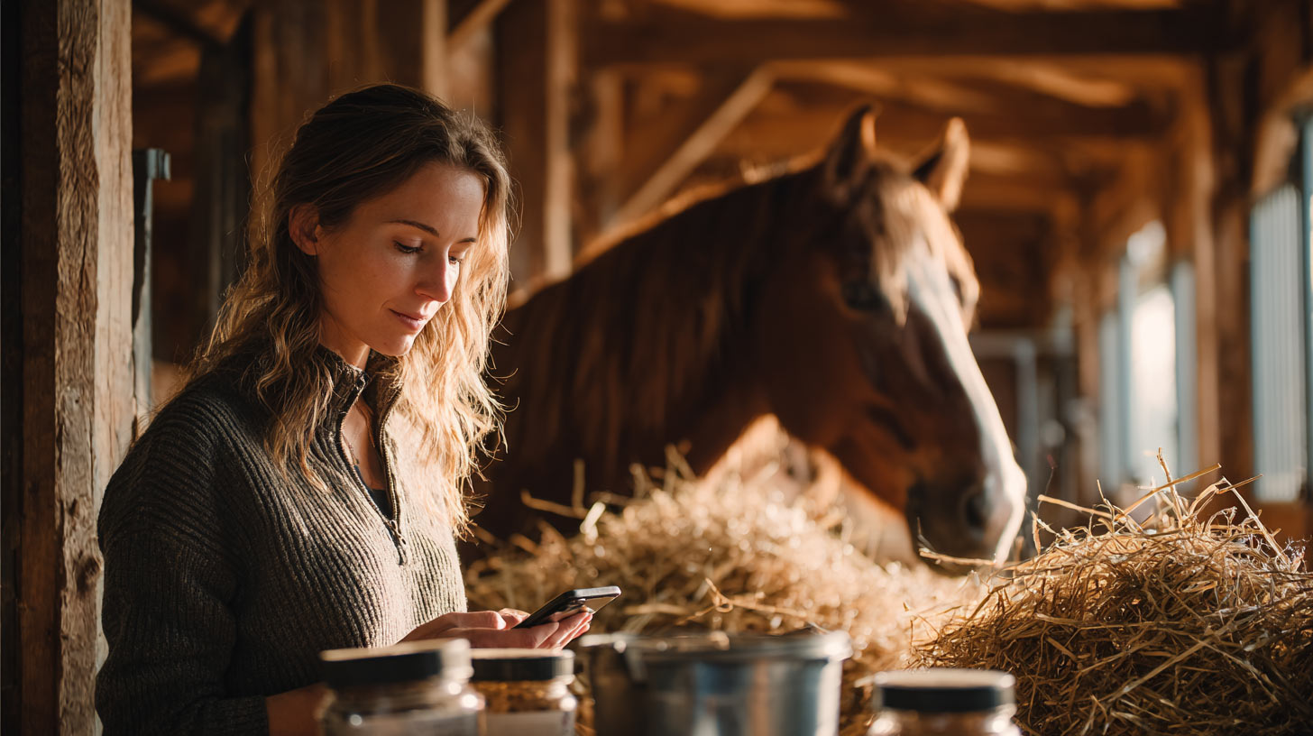 A rider checks GaloPlan on her phone in the stable