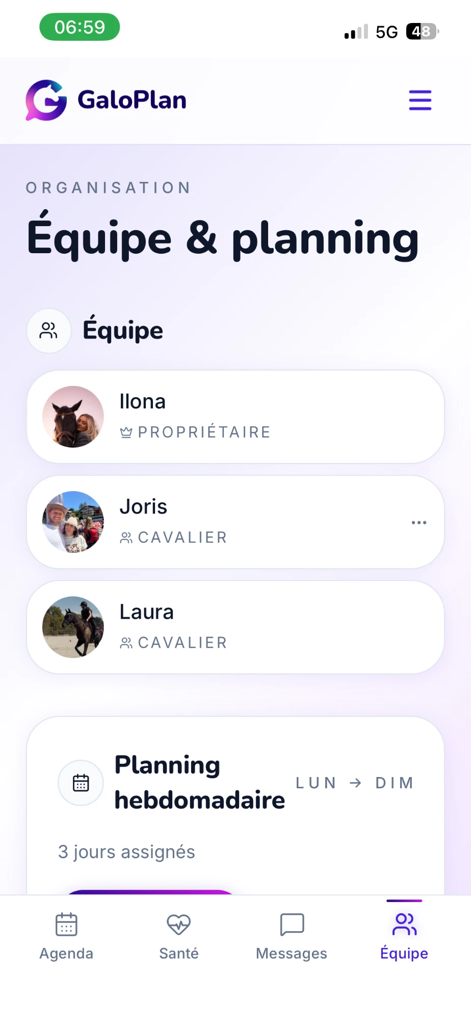 GaloPlan Team and schedule screen: the team members and their roles