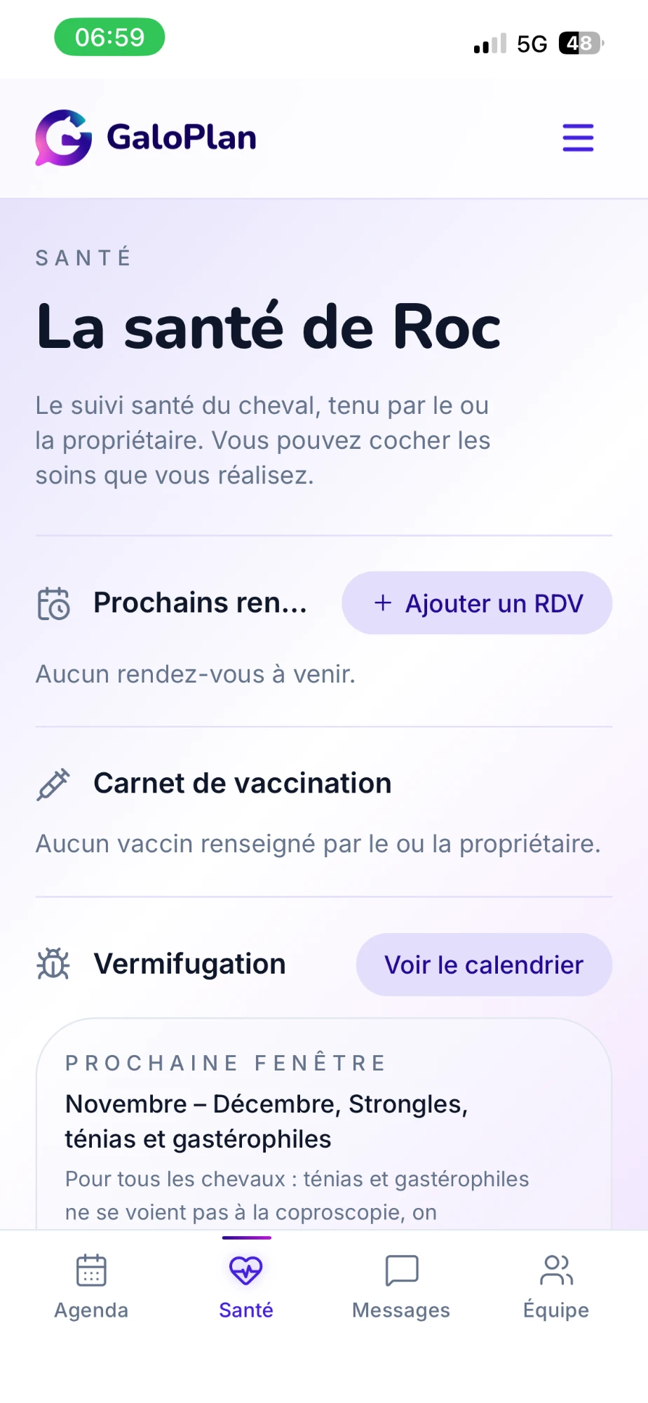 GaloPlan Health screen: upcoming appointments, vaccination record and deworming schedule